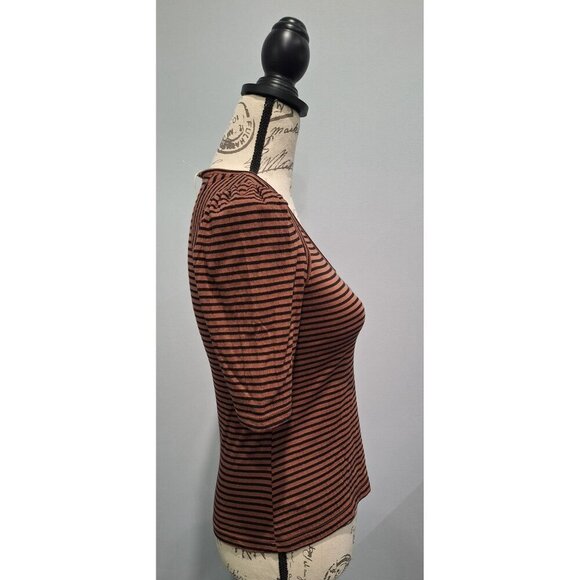 NWT Max Studio London Brown & Black Striped Puff Sleeve Scoop Neck Top/Sz. XS - Picture 4 of 8